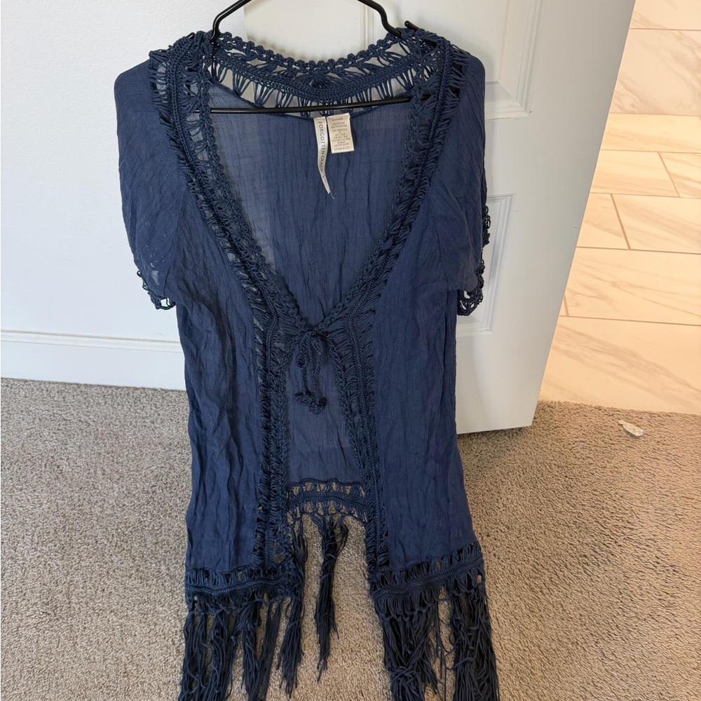 Navy Fringe Kimono Cardigan - Women - Picture 5 of 9